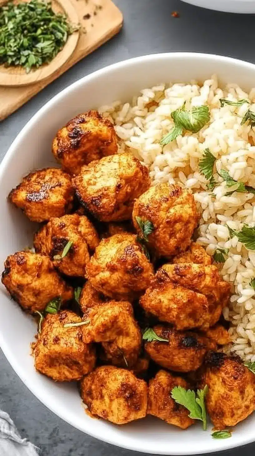 Air Fryer Chicken Bites 1 Crispy Air Fryer chicken bites served with dipping sauce on a plate.