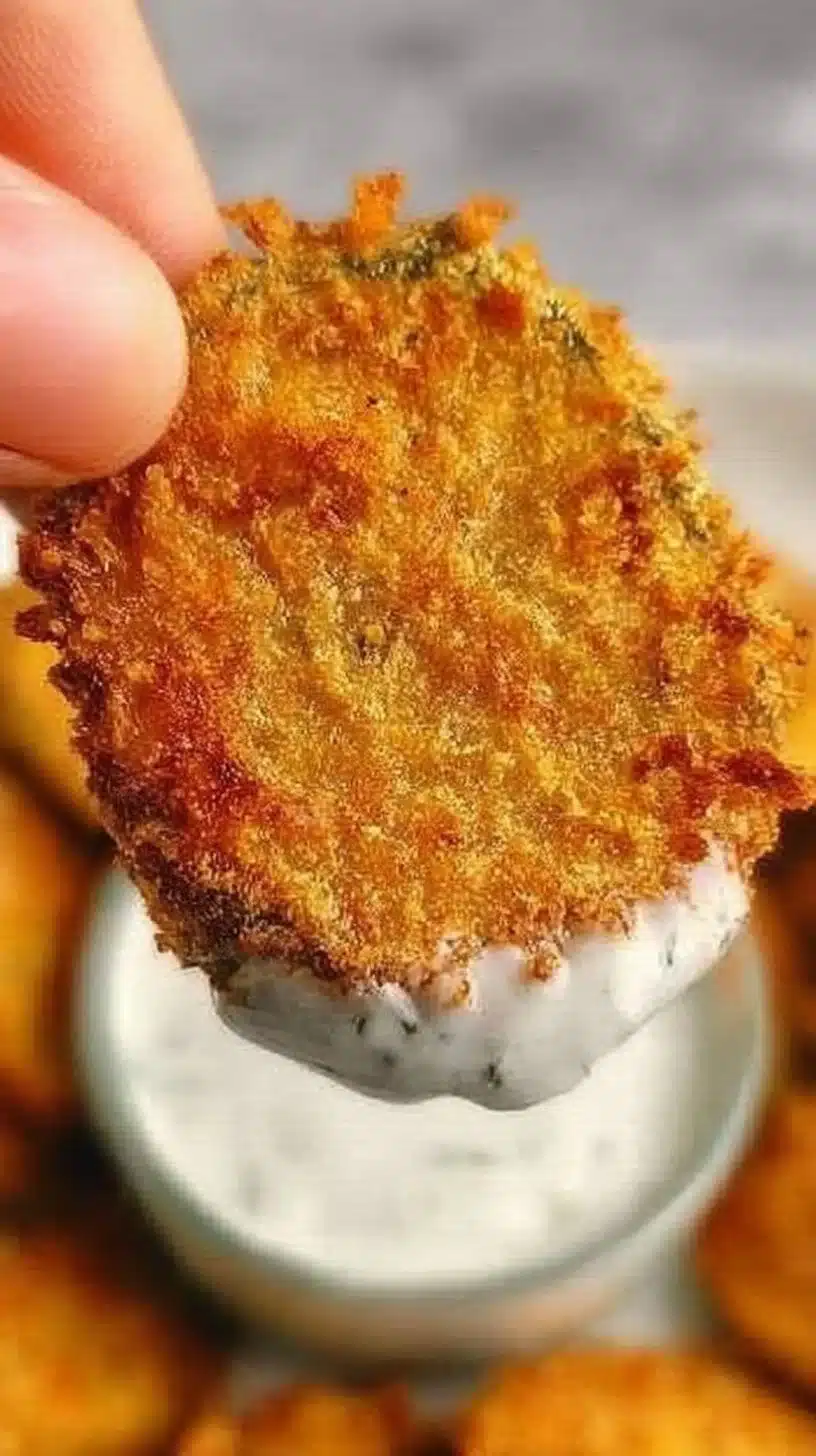 Air Fryer Fried Pickles 1 Air fryer fried pickles served with dipping sauce on a plate