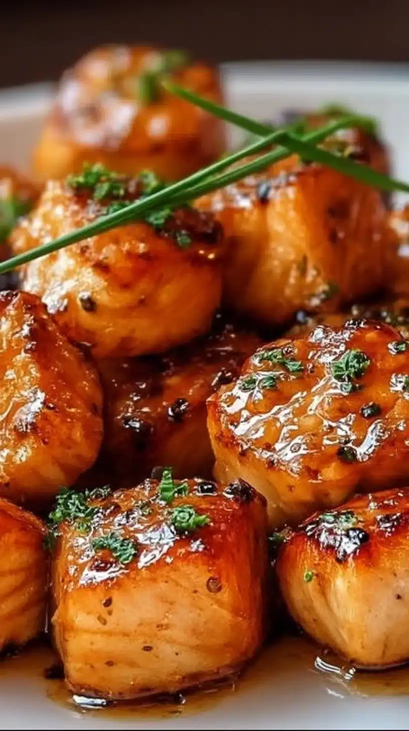 Air Fryer Honey Garlic Salmon Bites 1 Air fryer honey garlic salmon bites served on a plate with herbs