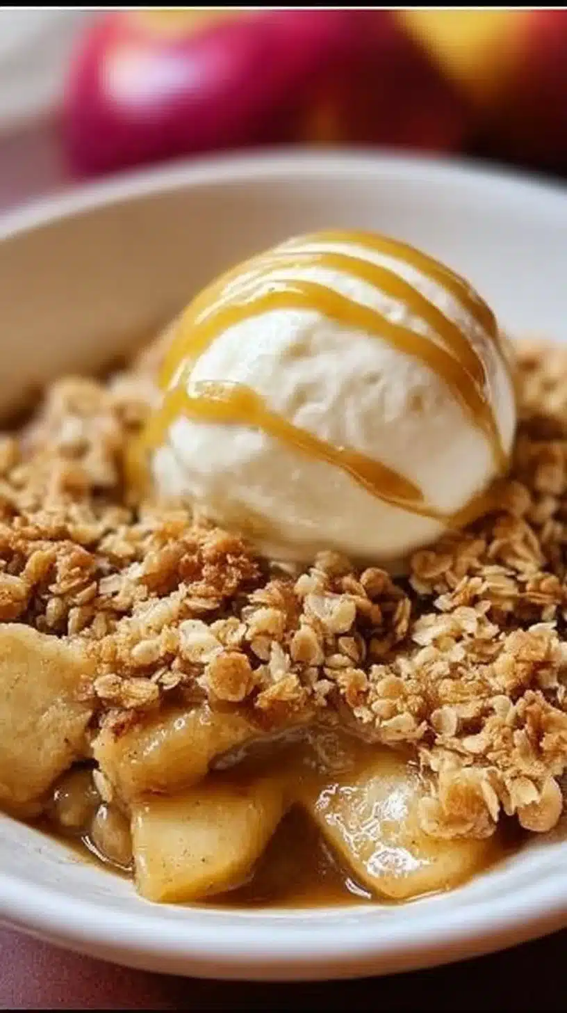 Apple Crisp Recipe 1 Delicious apple crisp dessert topped with golden oats and served warm