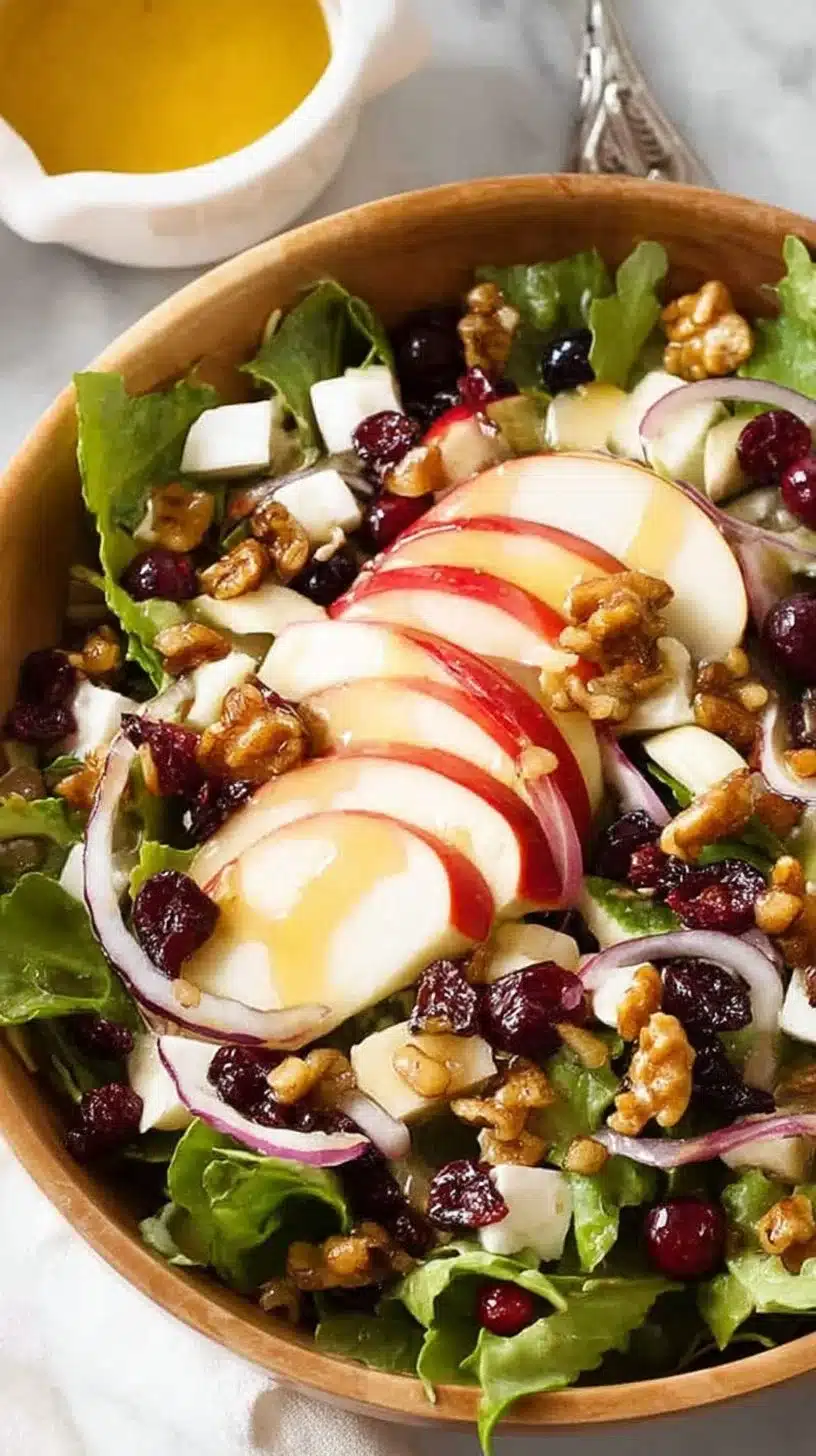 Apple Salad with Candied Walnuts and Cranberries 1 Apple salad with candied walnuts and cranberries in a bowl