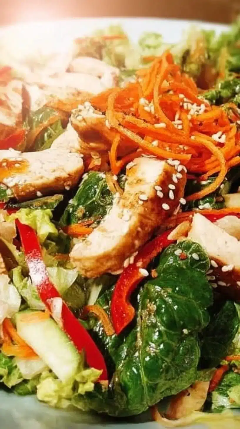 Asian Sesame Chicken Salad 1 Delicious Asian sesame chicken salad with fresh vegetables and sesame dressing