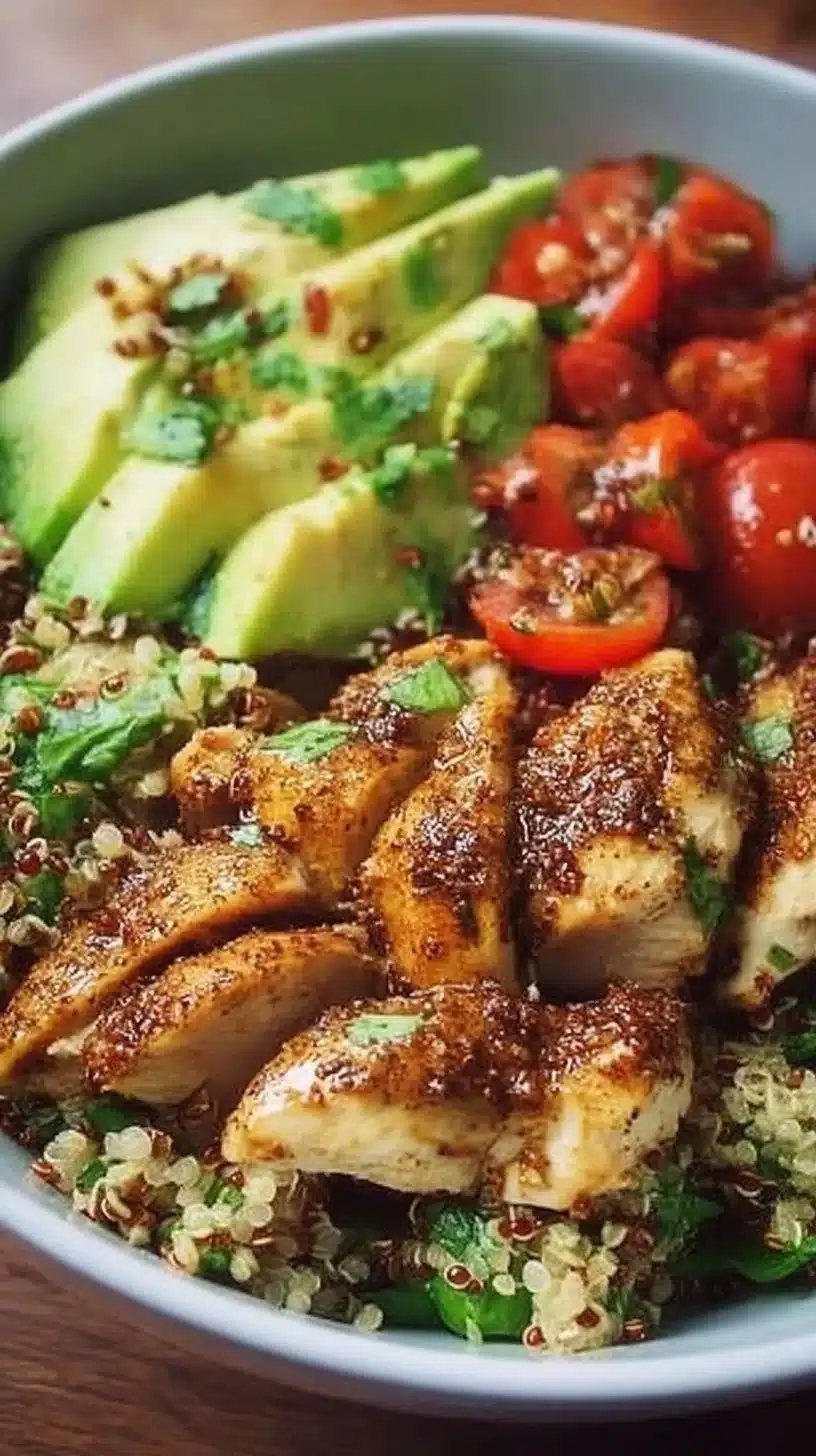 Avocado Chicken Quinoa Bowl 1 Healthy Avocado Chicken Quinoa Bowl with fresh ingredients