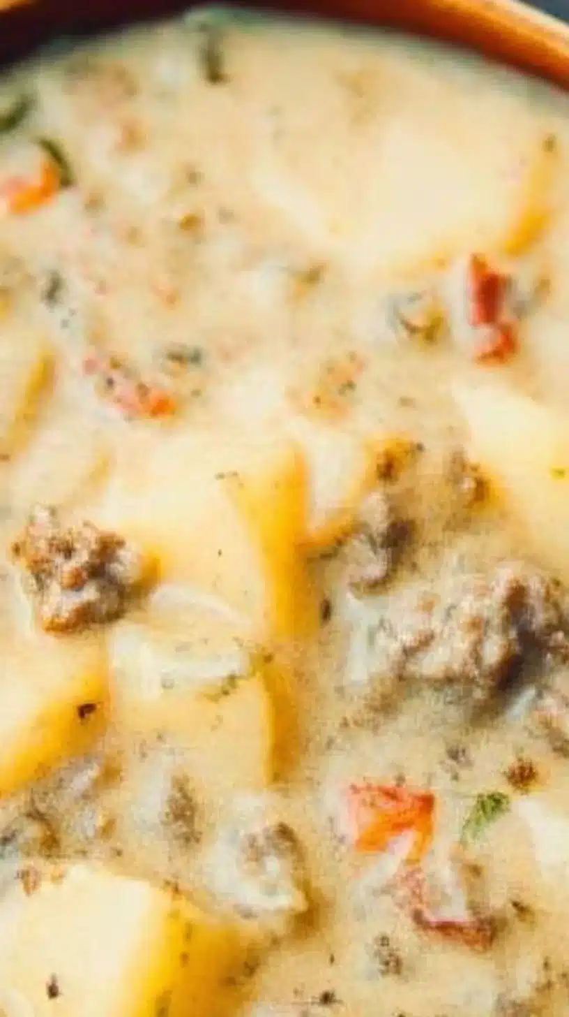 Award Winning Cheeseburger Soup Recipe 1 Bowl of award-winning cheeseburger soup garnished with fresh herbs