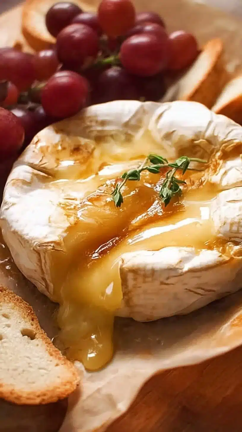 Baked Brie 1 Delicious baked Brie cheese topped with honey and nuts served on a wooden board