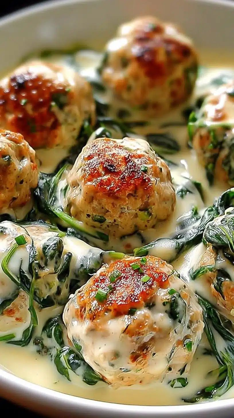 Baked Chicken Ricotta Meatballs and Spinach Alfredo Sauce 1 Baked chicken ricotta meatballs served with spinach Alfredo sauce on a plate.
