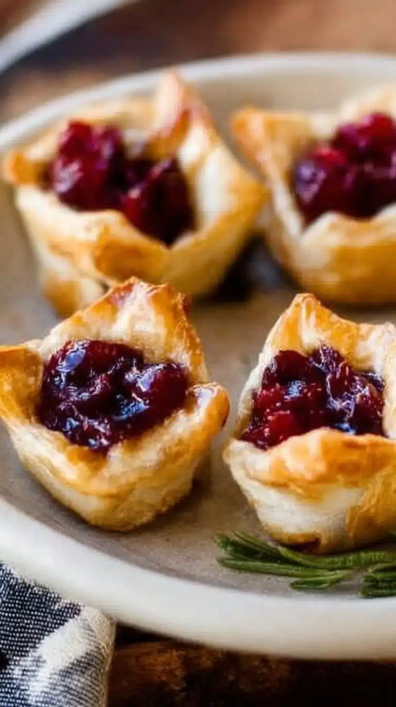 Baked Cranberry Brie Bites 1 Baked cranberry brie bites on a platter, garnished for a festive touch.