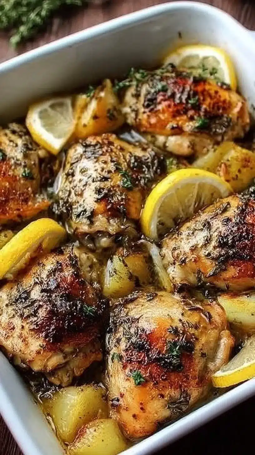 Baked Greek Lemon Chicken: An Incredible Ultimate Recipe 1 Delicious baked Greek lemon chicken garnished with herbs and lemon slices.