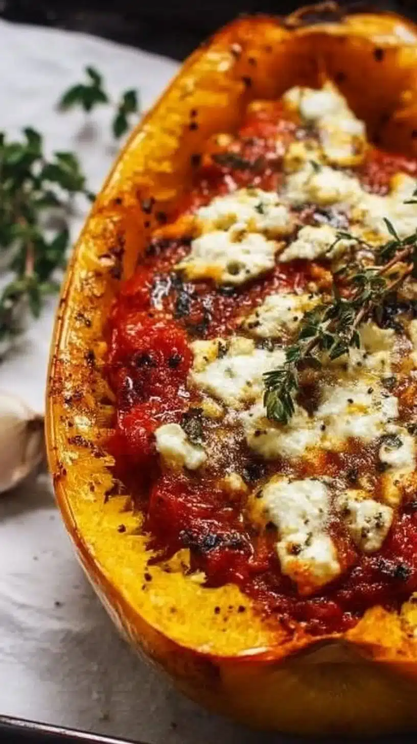 Baked Spaghetti Squash With Tomato Sauce 1 Baked spaghetti squash topped with rich tomato sauce in a vibrant dish.