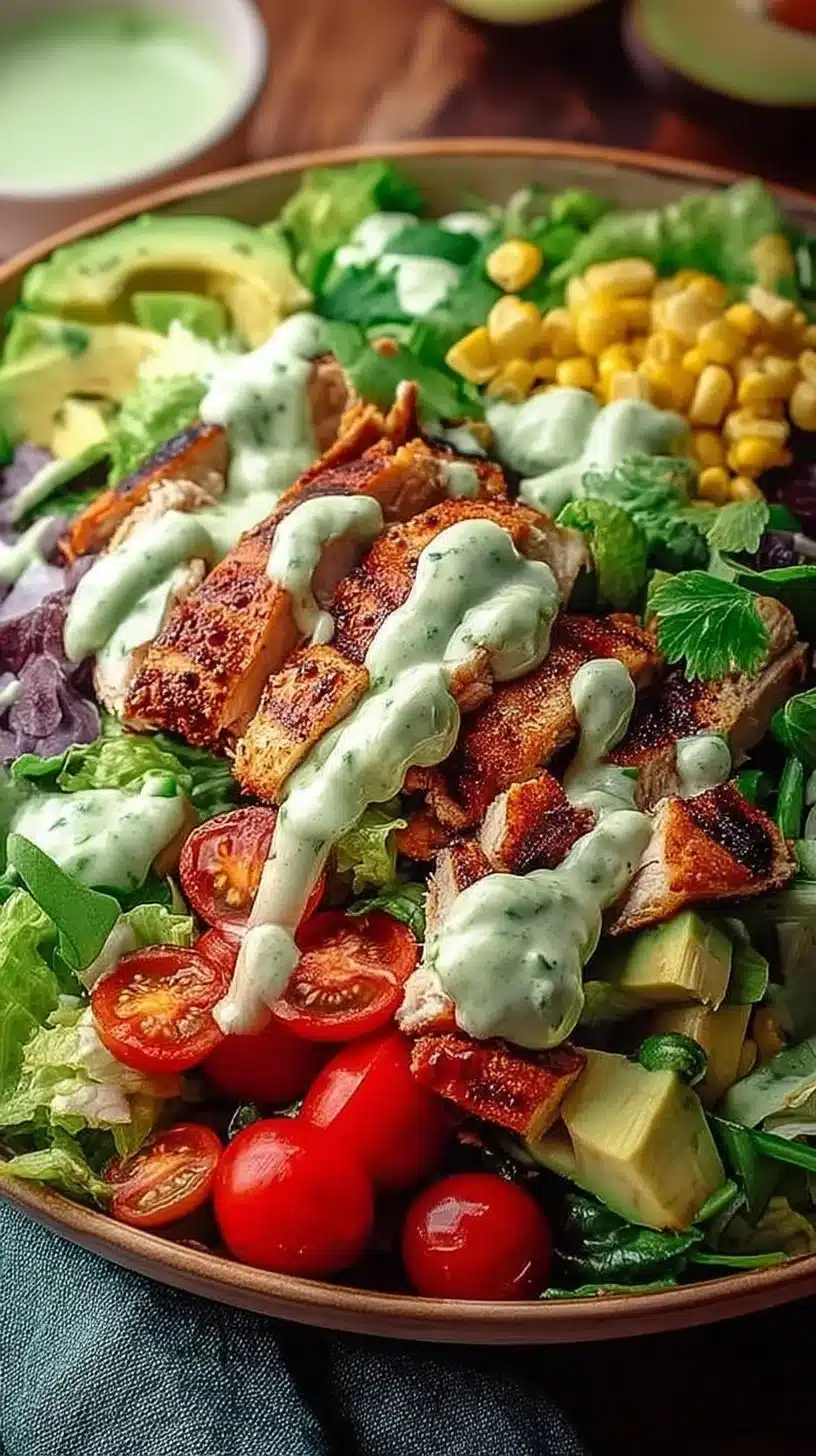 BBQ Chicken Salad with Creamy Avocado Dressing 1 BBQ Chicken Salad topped with creamy avocado dressing on a wooden table