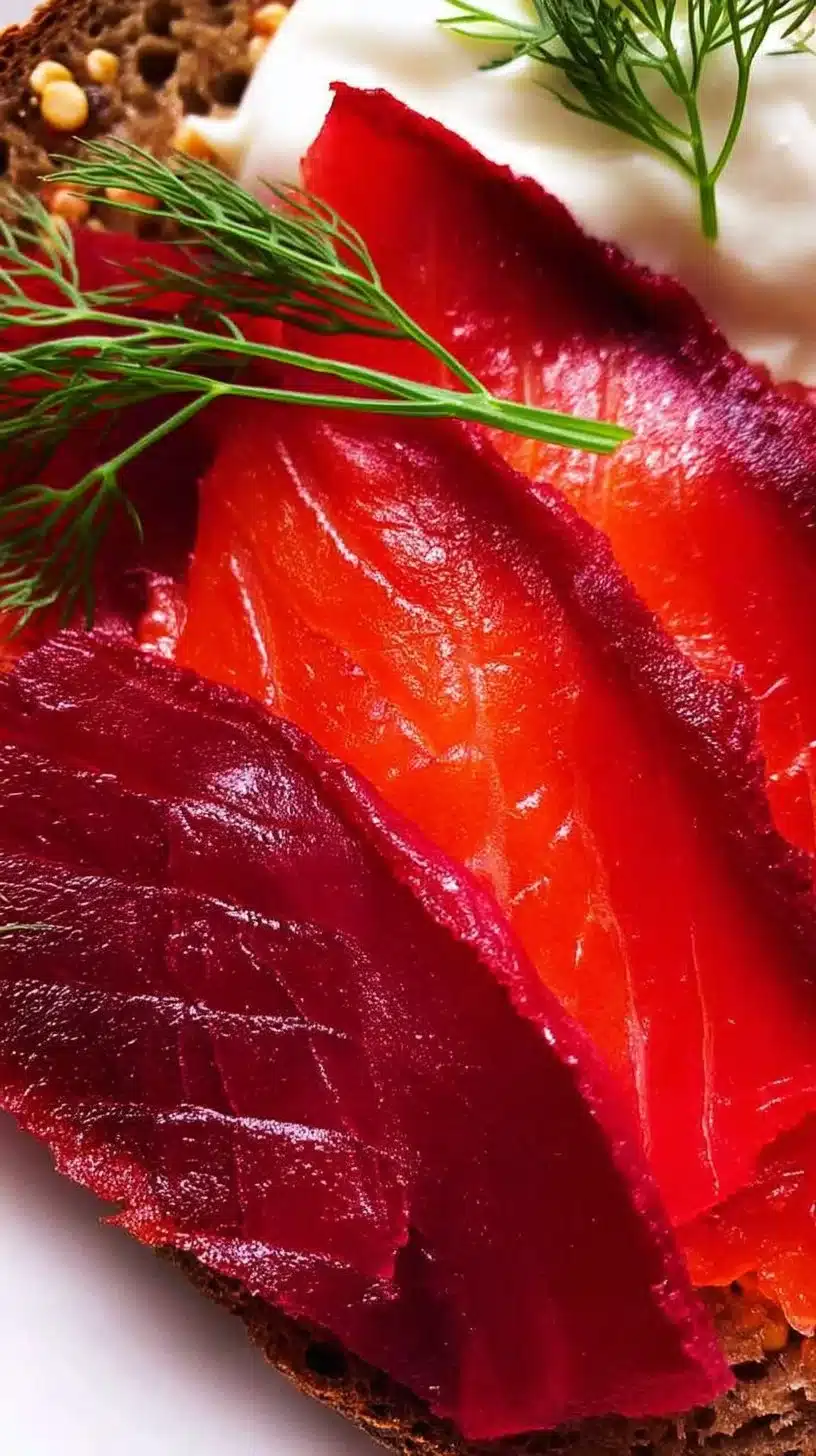 Beetroot Cured Salmon (Gravlax) 1 Beetroot cured salmon gravlax presented as a vibrant dish