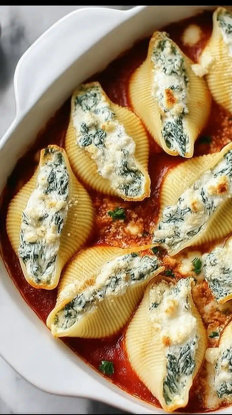 Plate of best Christmas stuffed shells garnished with herbs
