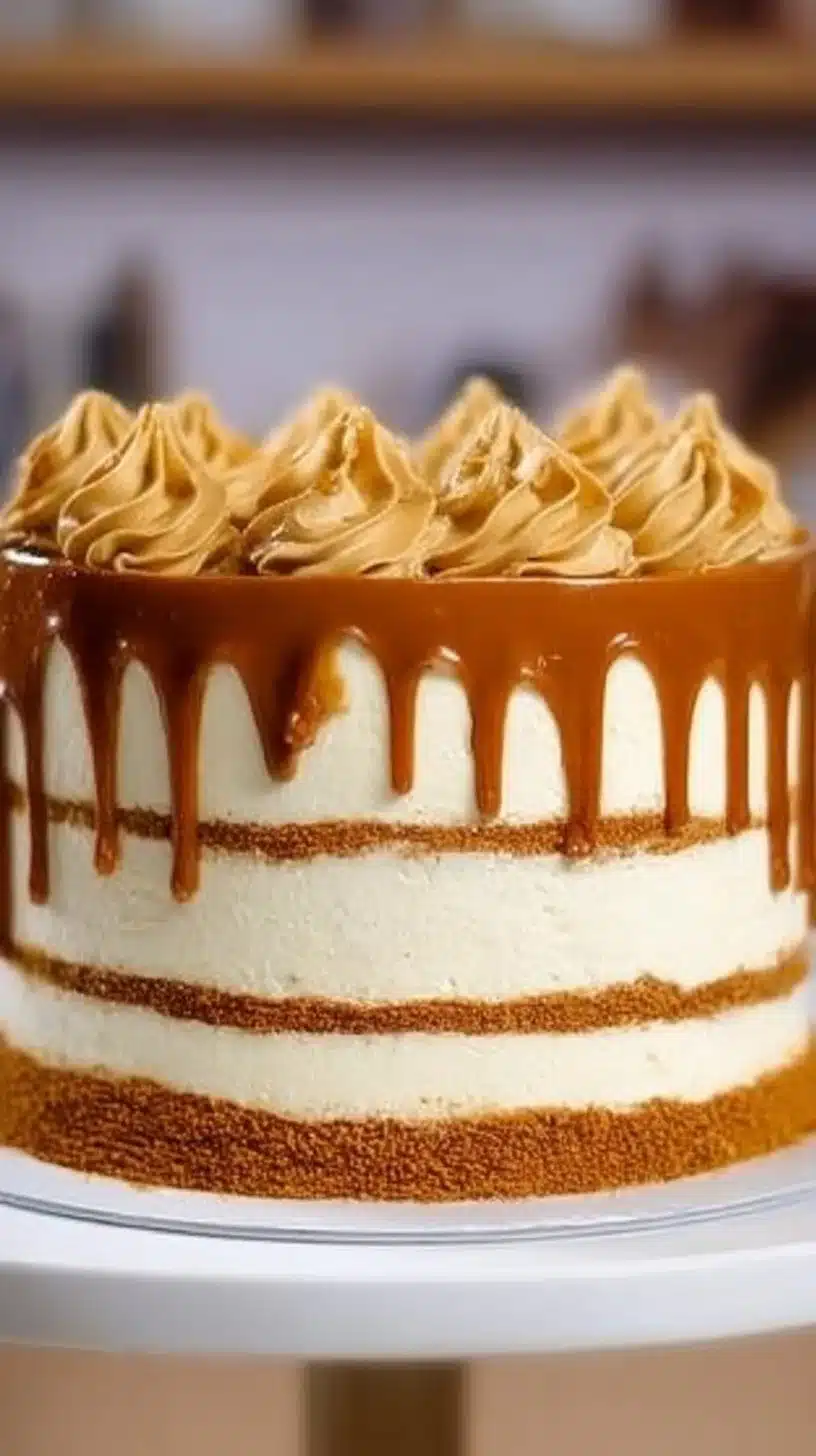 Biscoff Cake 1 Delicious Biscoff Cake topped with creamy frosting and Biscoff crumbs