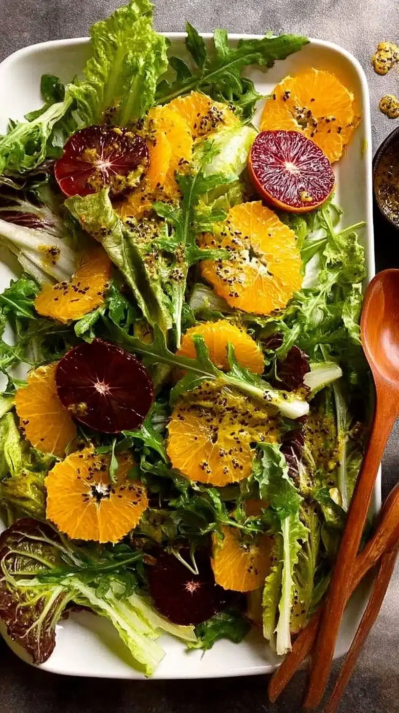 Bitter Leaf and Orange Salad with Orange Poppyseed Dressing 1 Bitter Leaf Salad with orange and poppyseed dressing served in a bowl.