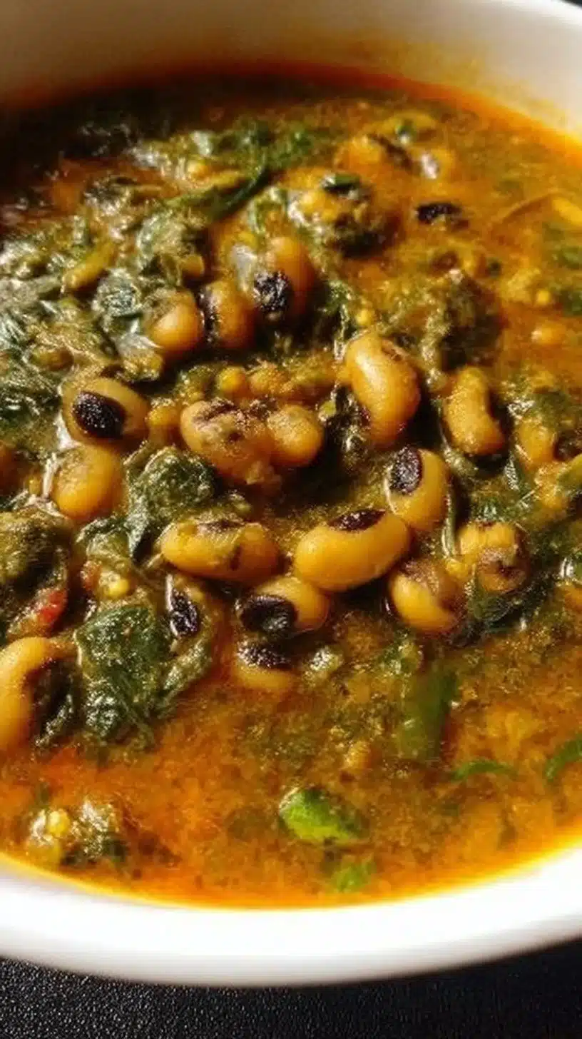 Black Eyed Peas Curry with Spinach 1 A bowl of Black Eyed Peas Curry with Spinach garnished with fresh herbs.
