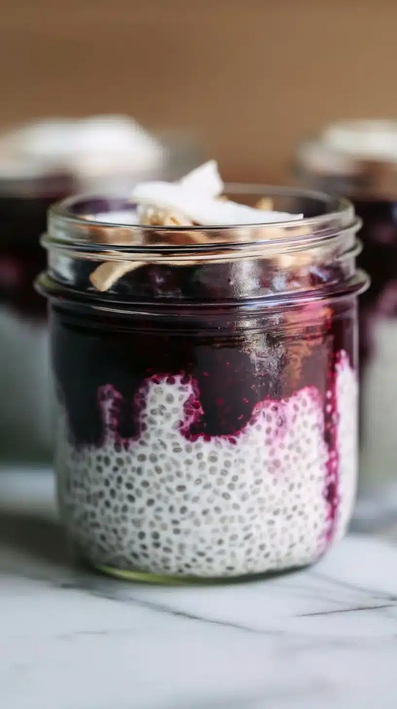 Blueberry Coconut Chia Seed Pudding with fresh blueberries and coconut flakes