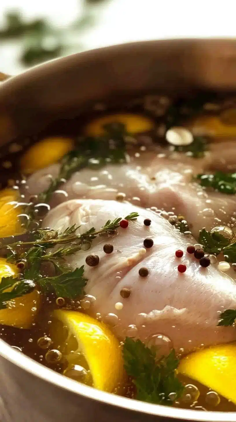 Brined Roasted Chicken 1 Brined roasted chicken garnished with herbs and spices on a serving platter