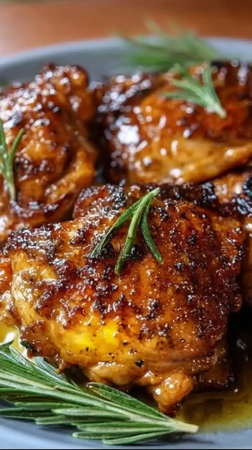 Brown Sugar Dijon Chicken Thighs 1 Plate of Brown Sugar Dijon Chicken Thighs garnished with herbs