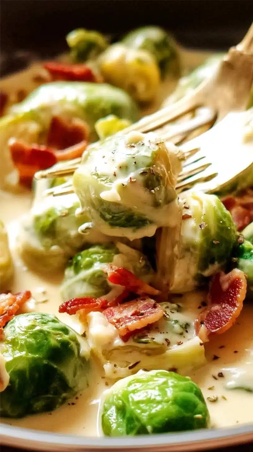 Brussels Sprouts in Creamy Carbonara Sauce with Bacon 1 Brussels sprouts in creamy carbonara sauce topped with bacon