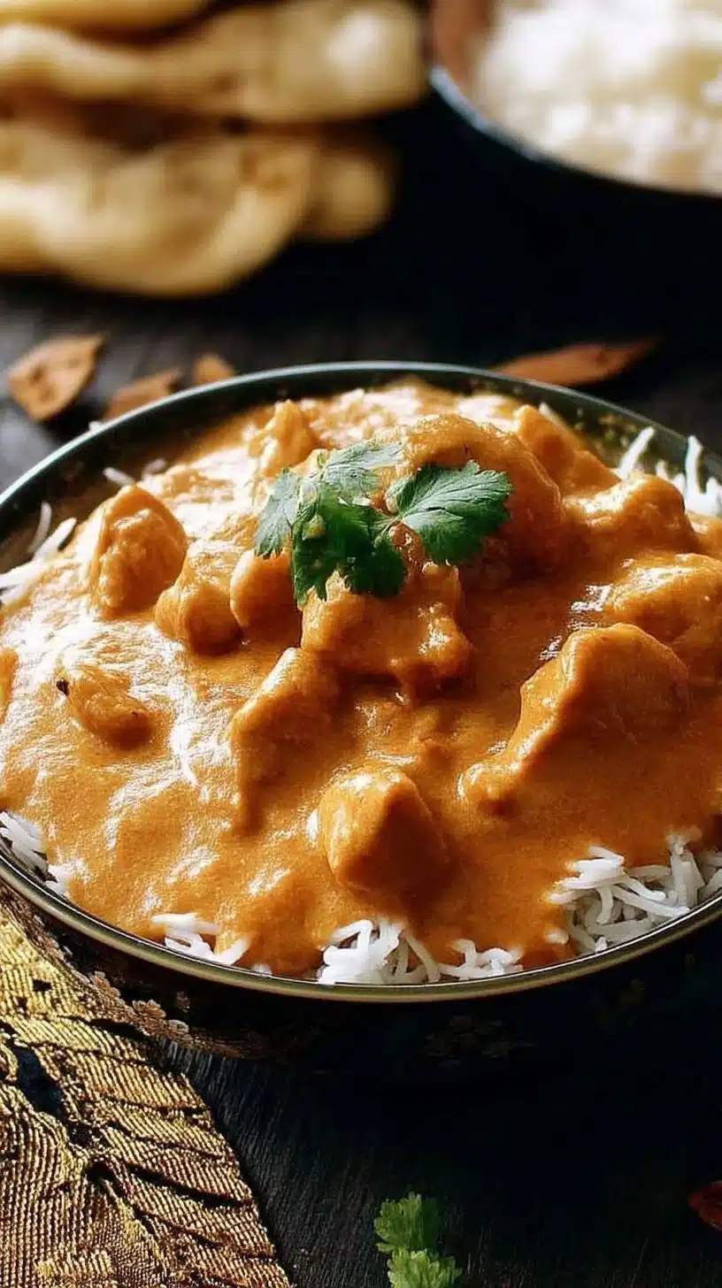 Butter Chicken Recipe 1 Delicious Butter Chicken served with rice and naan on a rustic table