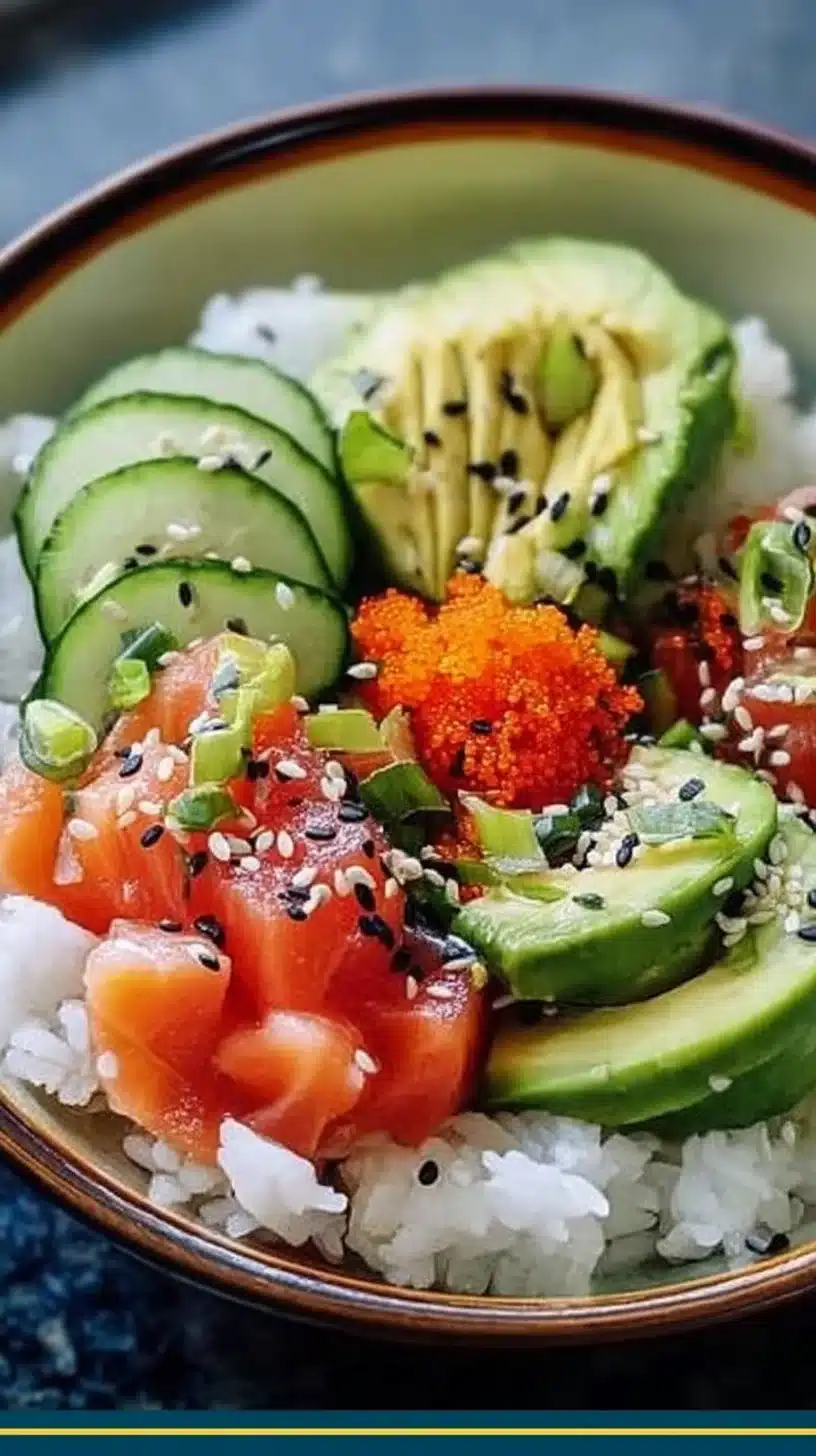 California Roll sushi bowl with fresh ingredients and vibrant colors