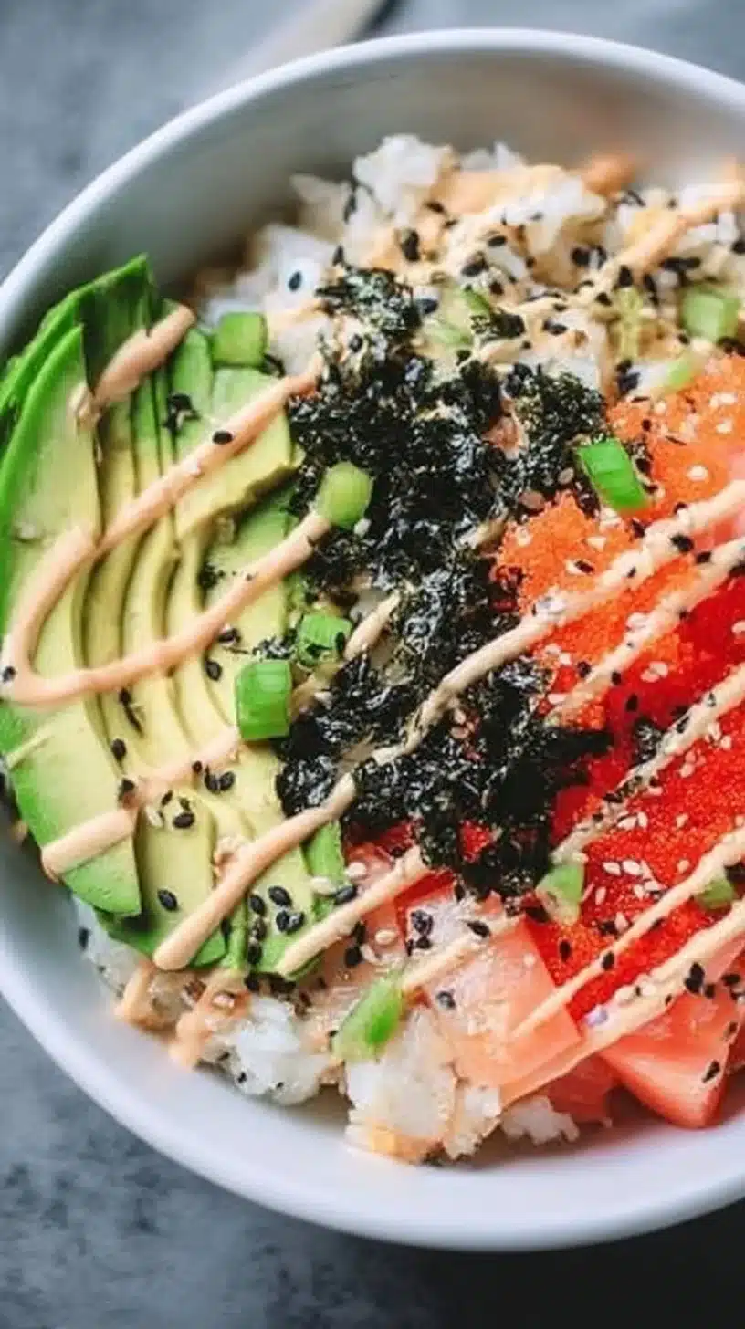 California Sushi Bowls Recipe 1 A colorful California sushi bowl filled with fresh vegetables and seafood.