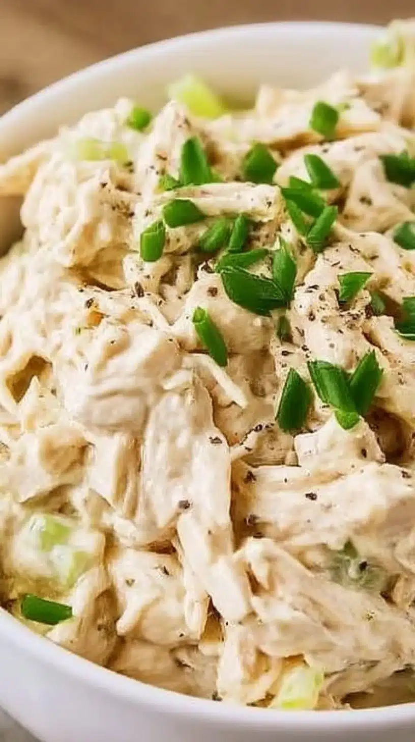 Canned Chicken Salad Recipe 1 Canned Chicken Salad recipe in a bowl, garnished with herbs