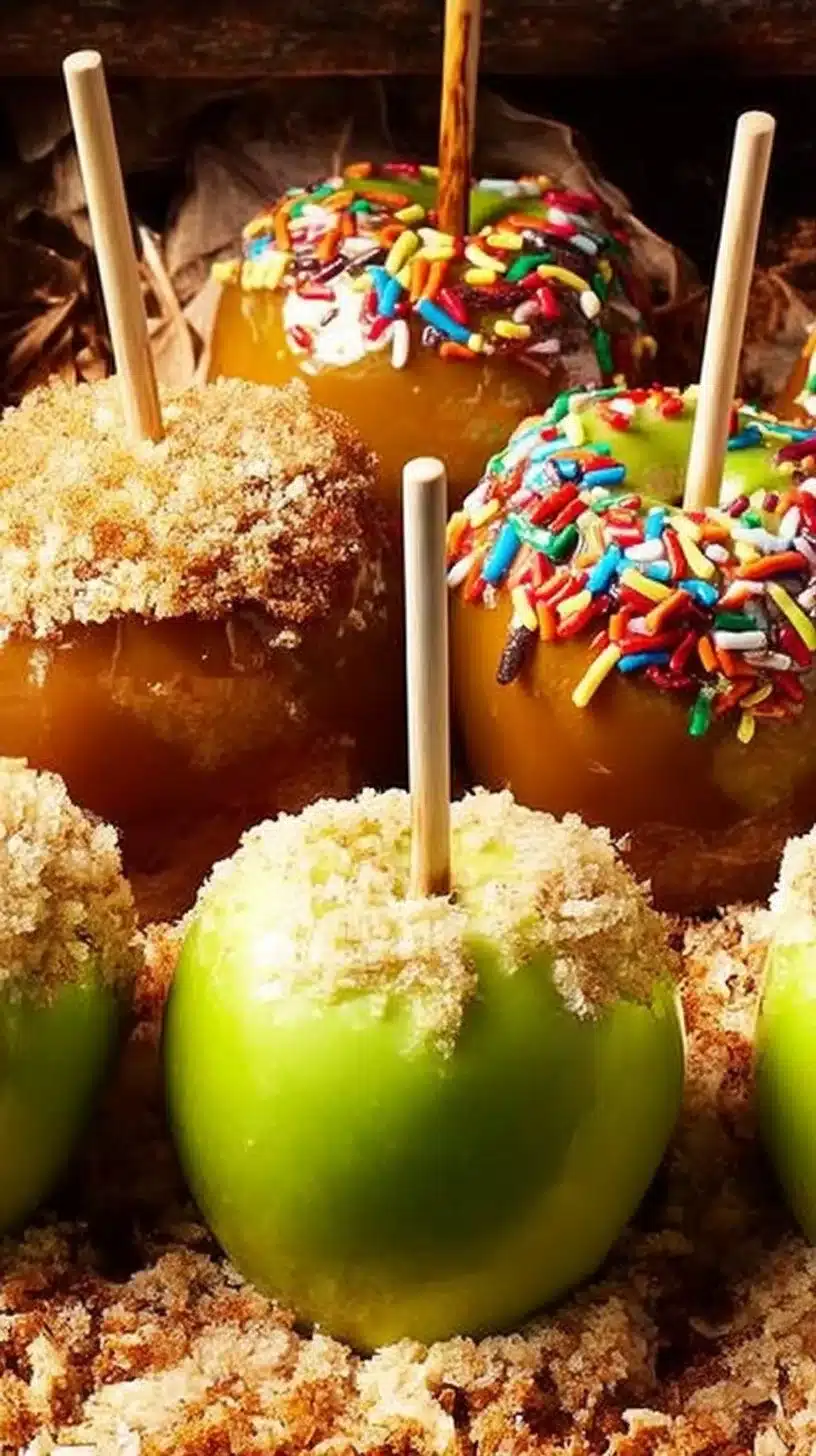 Caramel Apples Recipe 1 Homemade caramel apples on a stick, ready to enjoy as a sweet treat.