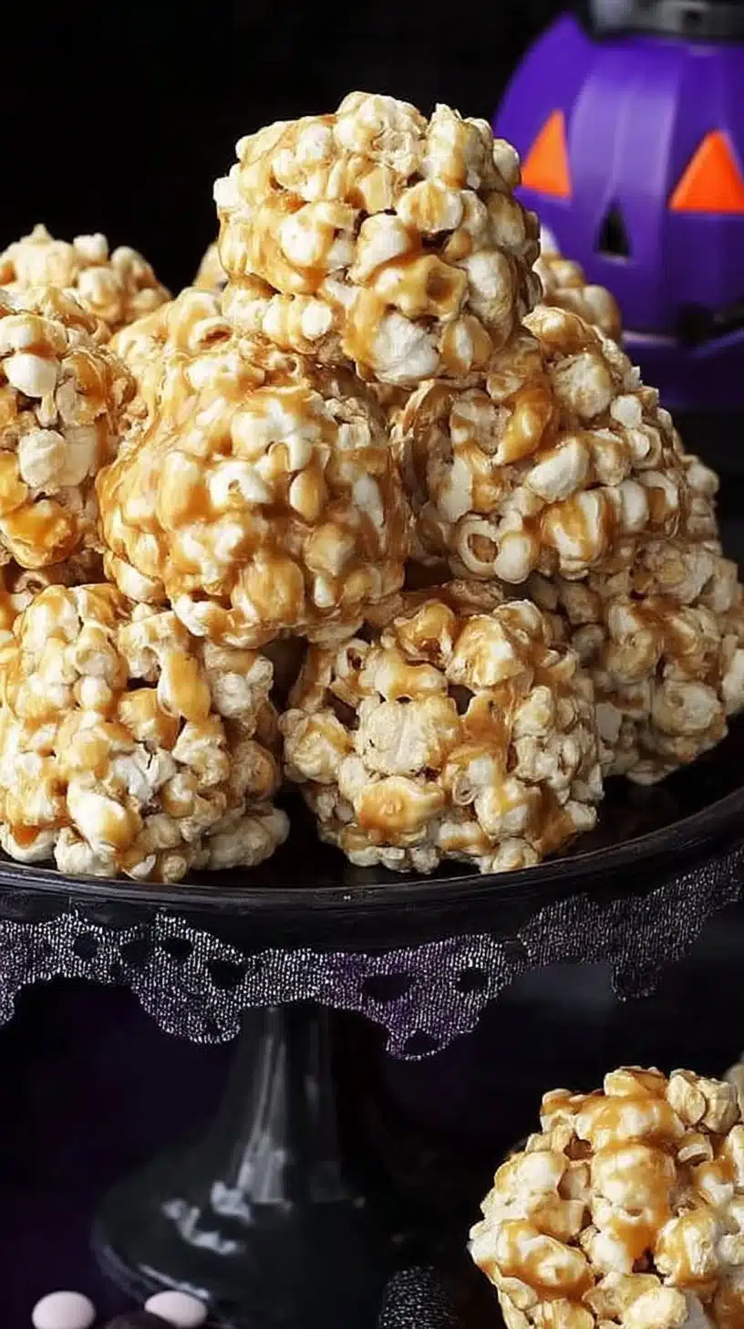 Caramel Popcorn Balls Recipe 1 Delicious Caramel Popcorn Balls ready to be served as a tasty treat.