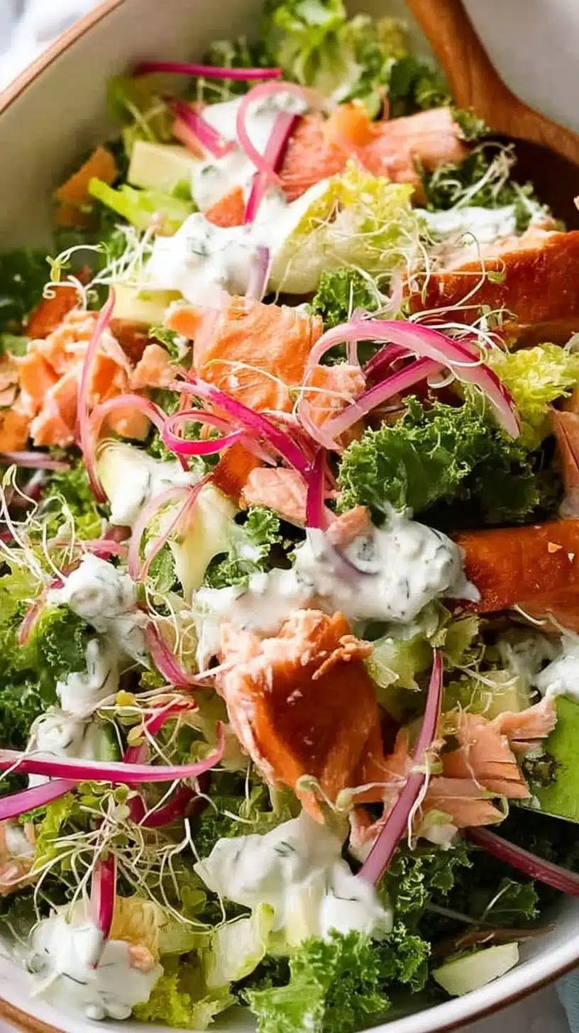 Celebration Salmon Salad with Yogurt Ranch Dressing 1 Delicious Celebration Salmon Salad topped with creamy yogurt ranch dressing