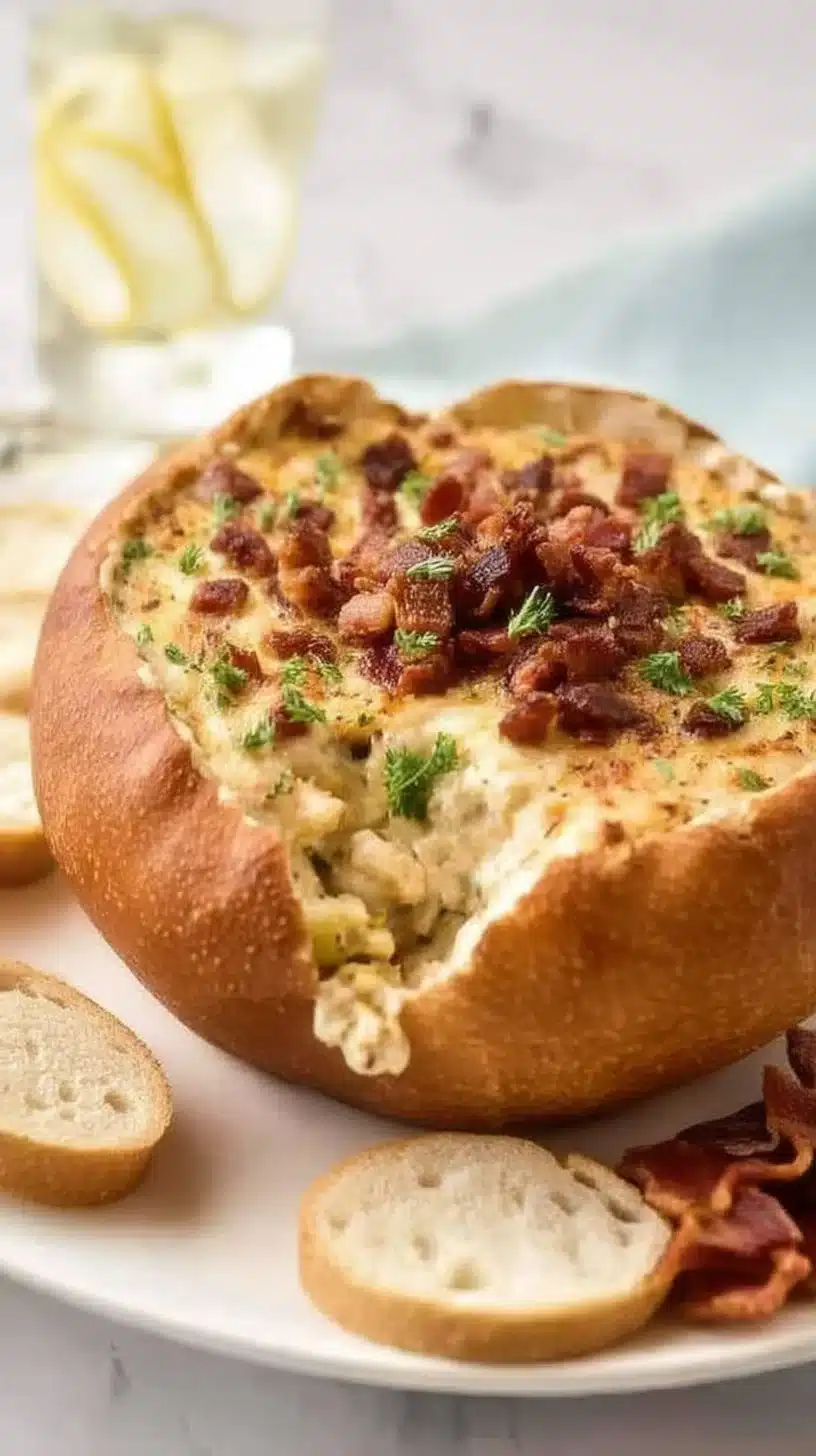 Cheese and Bacon Dip 1 Creamy Cheese and Bacon Dip served in a bowl with crispy bacon bits on top