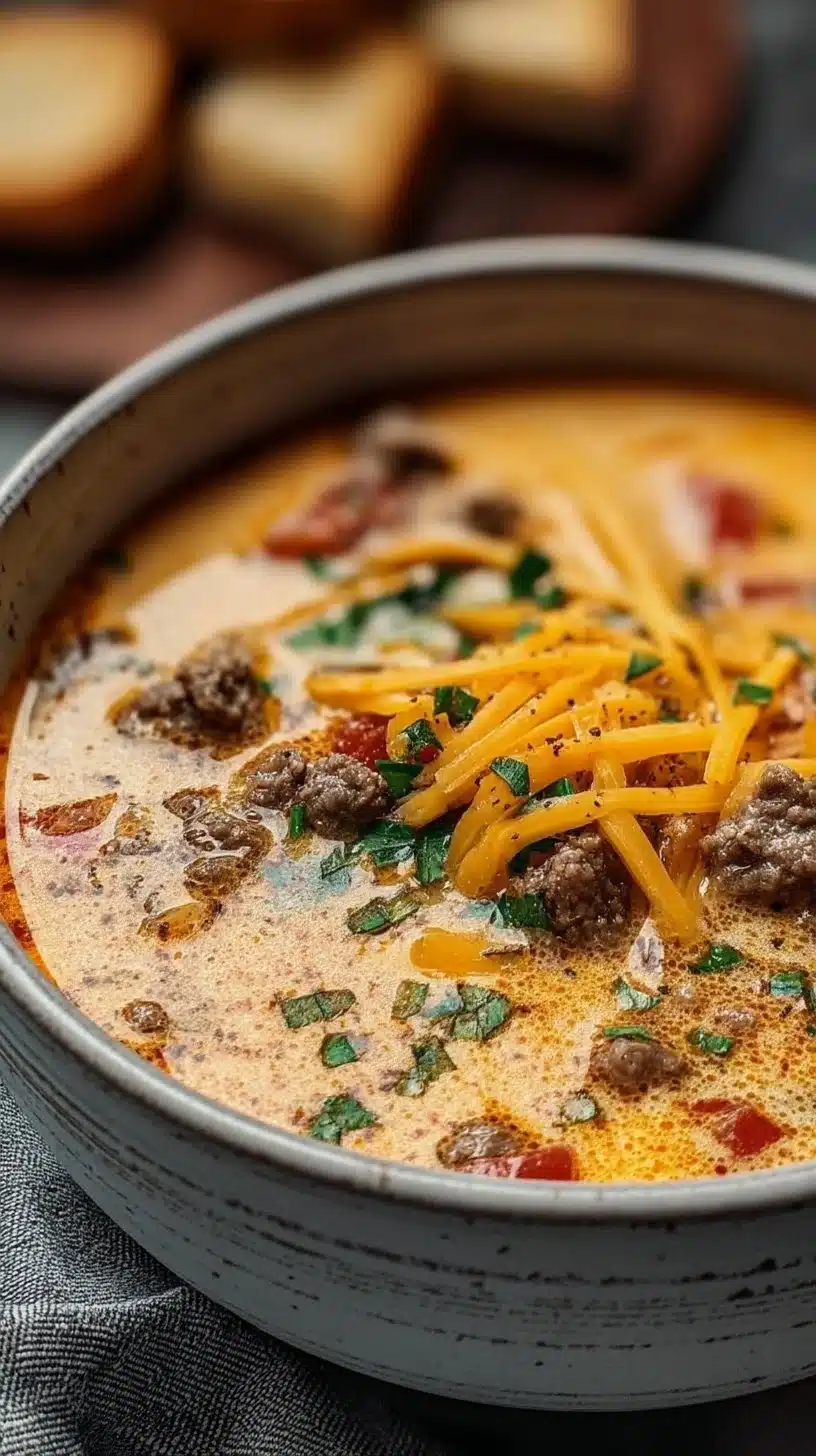 Cheeseburger Soup 1 A bowl of creamy cheeseburger soup garnished with cheese and croutons