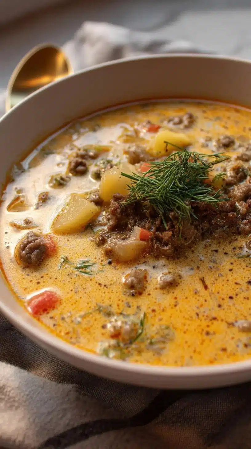 Cheeseburger Soup 1 Bowl of delicious cheeseburger soup topped with cheese and herbs