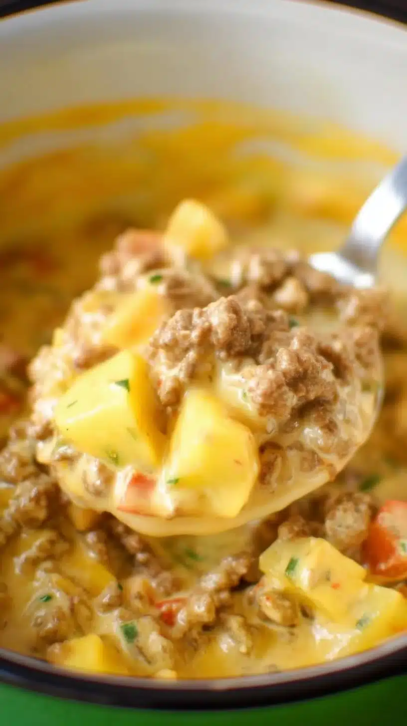 A bowl of delicious cheeseburger soup topped with cheese and herbs.