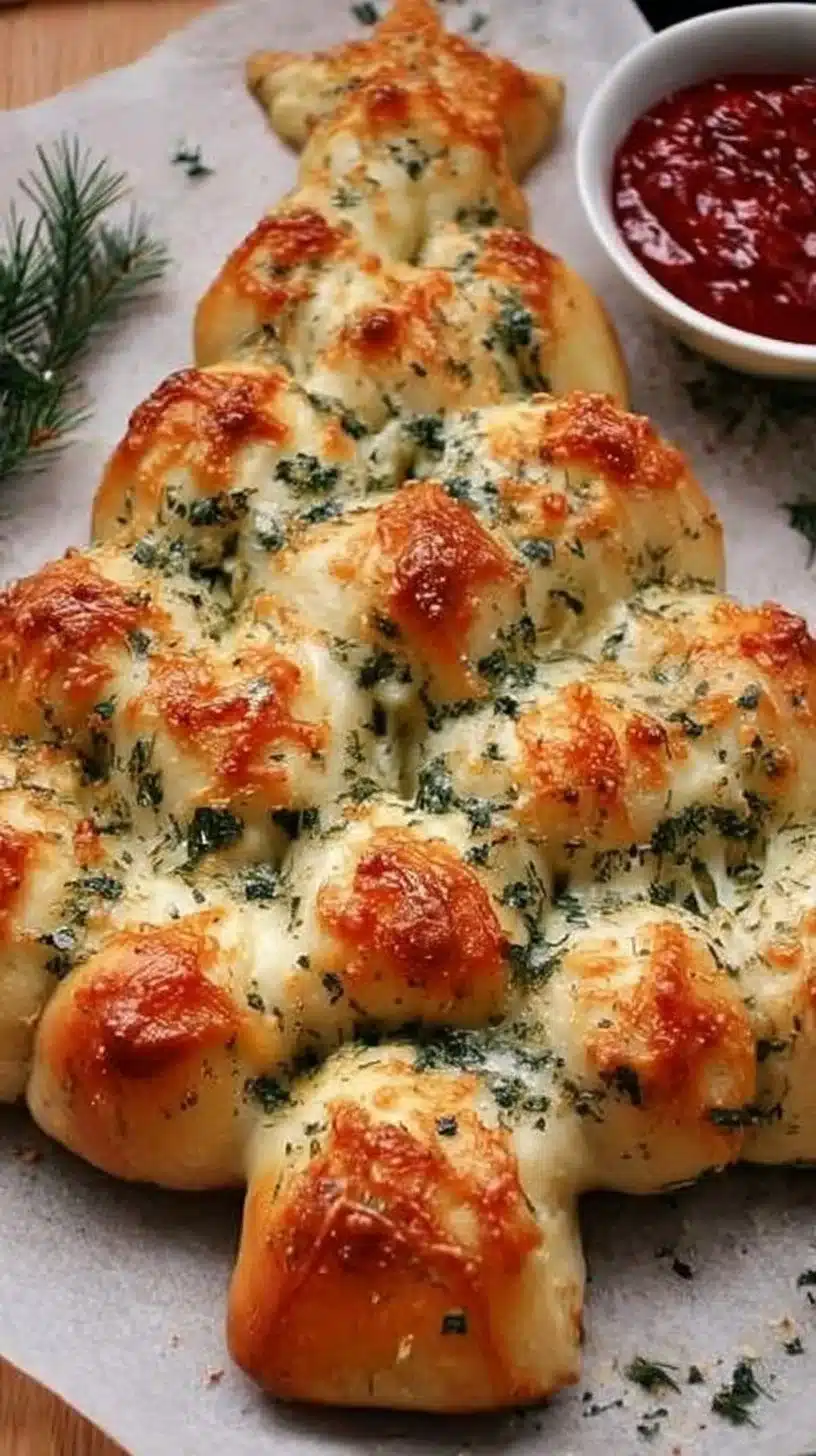 Cheesy Christmas Tree Bread 1 Cheesy Christmas tree bread shaped like a festive tree with melted cheese