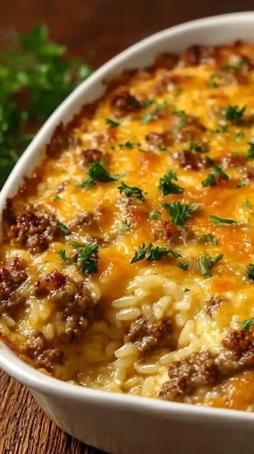 Cheesy Ground Beef Rice Casserole 1 Cheesy Ground Beef Rice Casserole in a baking dish, ready to serve.