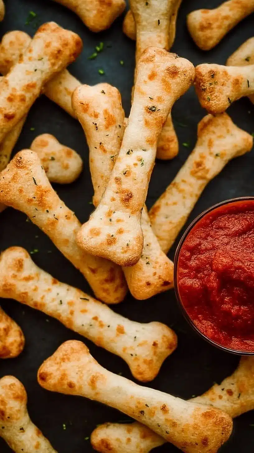 Cheesy Halloween Breadstick Bones 1 Cheesy Halloween breadstick bones served on a spooky themed plate