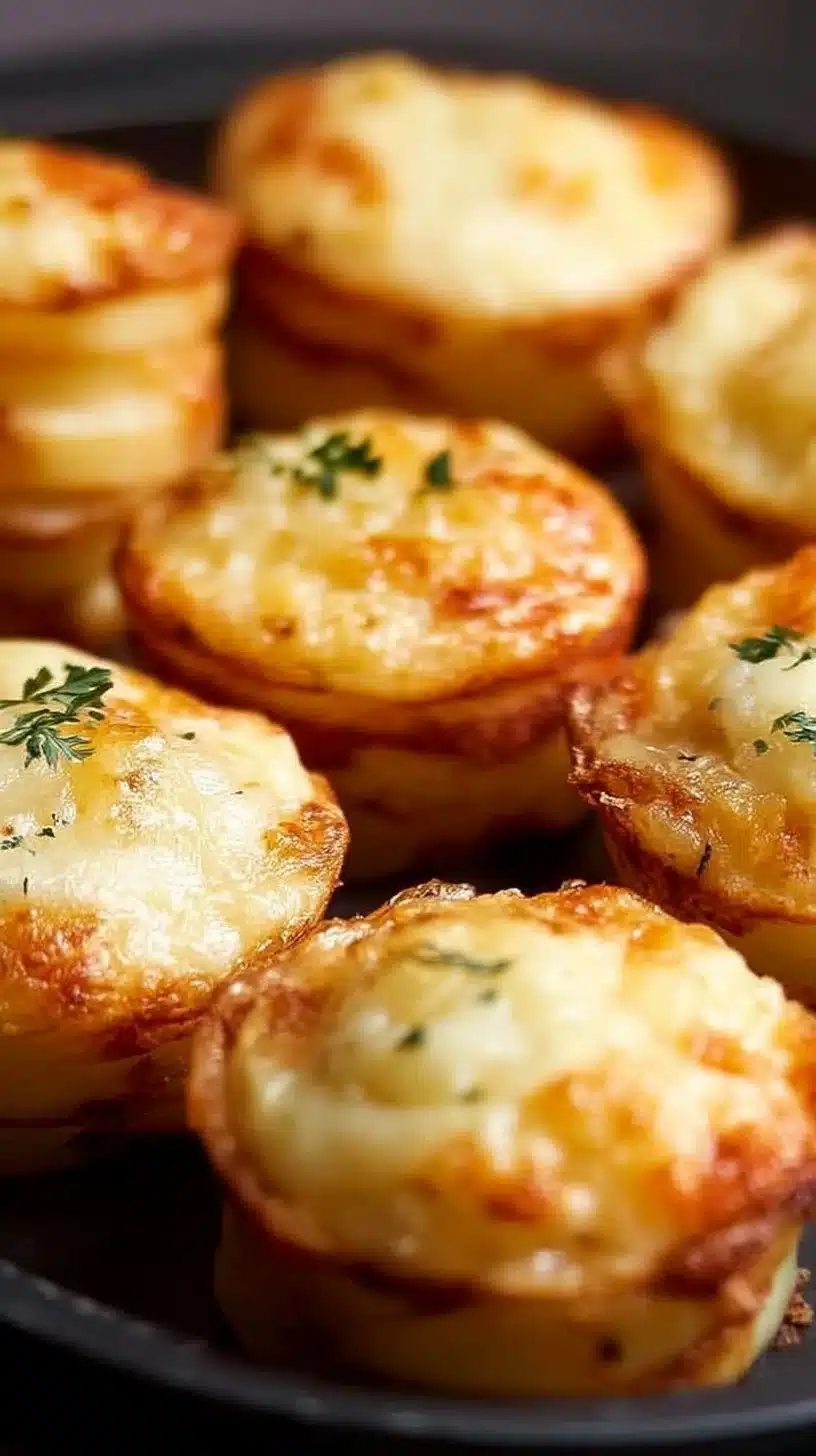 Cheesy potato gratin stacks baked in a muffin tin, showcasing layered potatoes and cheese.