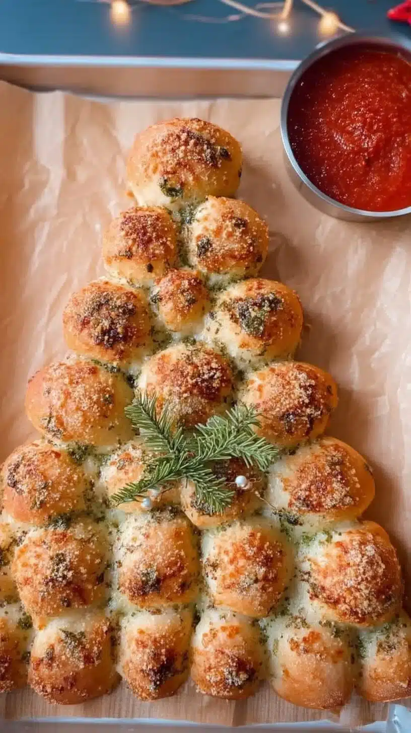 Cheesy Pull-Apart Christmas Tree Bread 1 Cheesy Pull-Apart Christmas Tree Bread presented on a festive platter