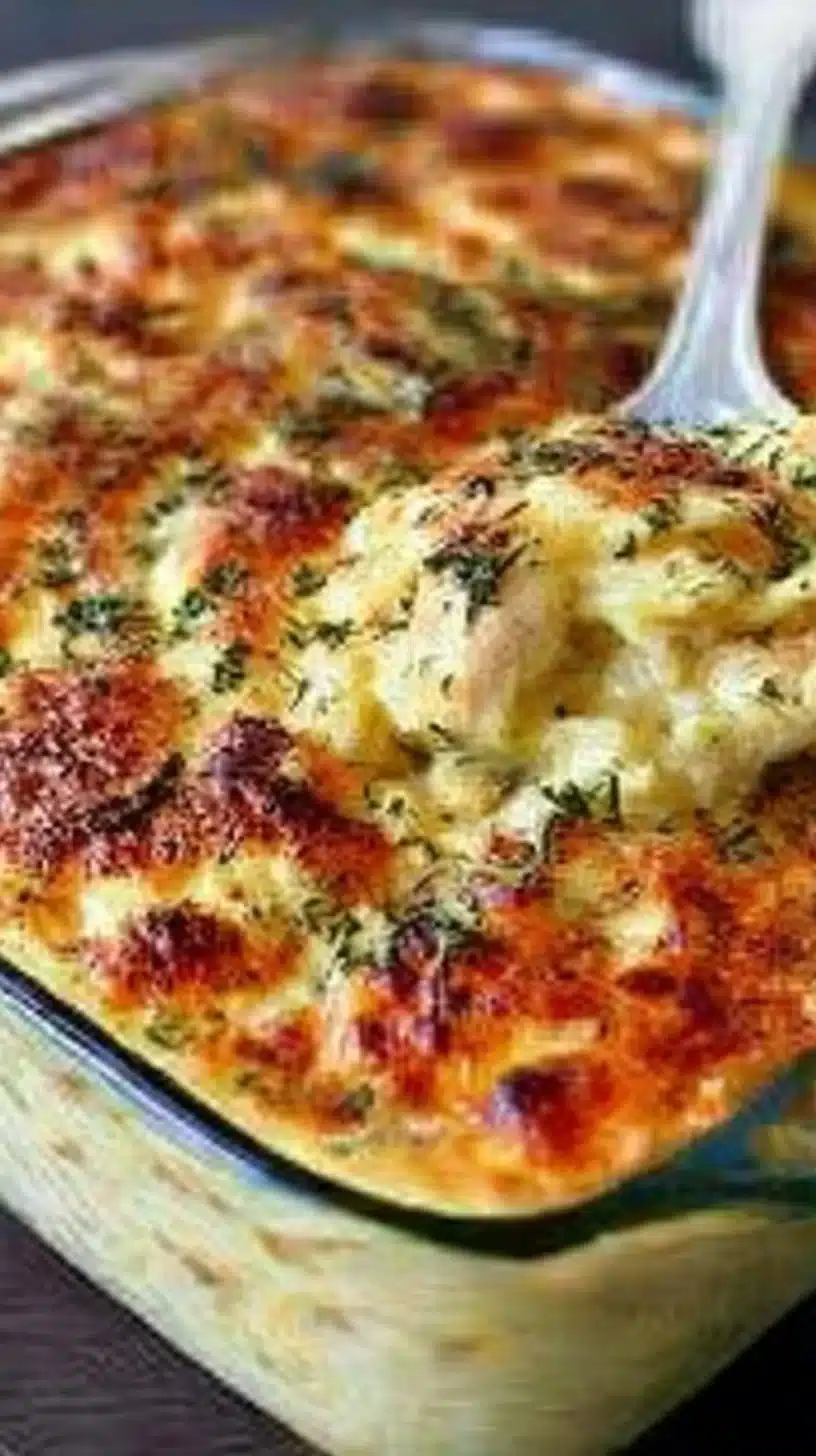 Chicken Alfredo Bake 1 Delicious Chicken Alfredo Bake topped with melted cheese and herbs