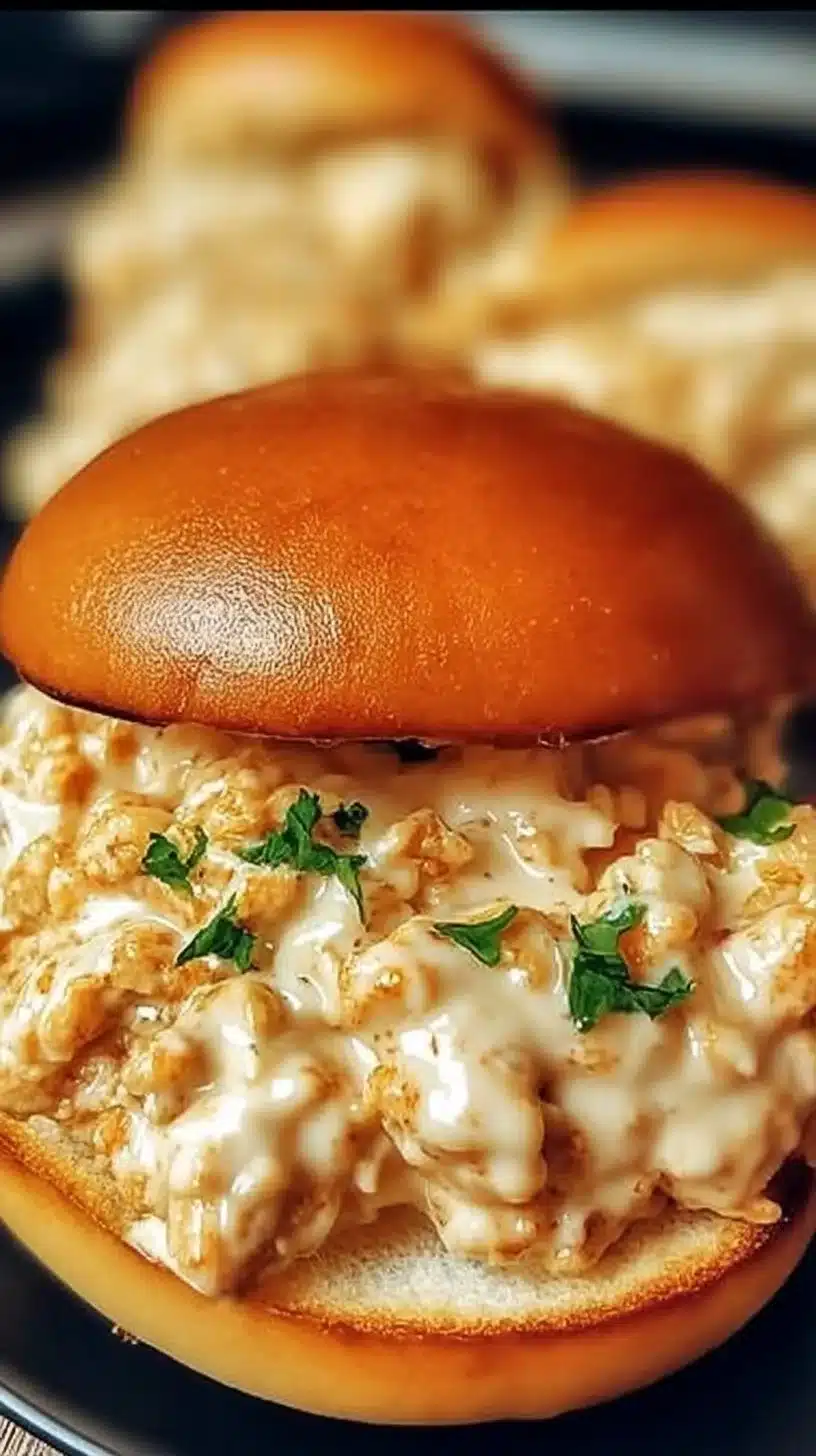 Chicken Alfredo Sloppy Joes 1 Chicken Alfredo Sloppy Joes served on a plate with toppings