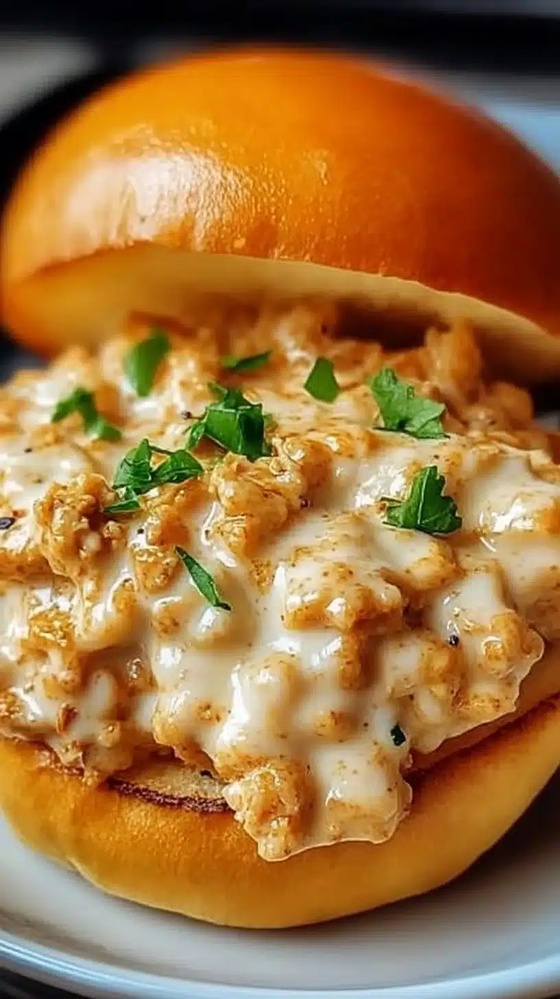 Chicken Alfredo Sloppy Joes 1 Creamy Chicken Alfredo Sloppy Joes served with garnishes on a plate