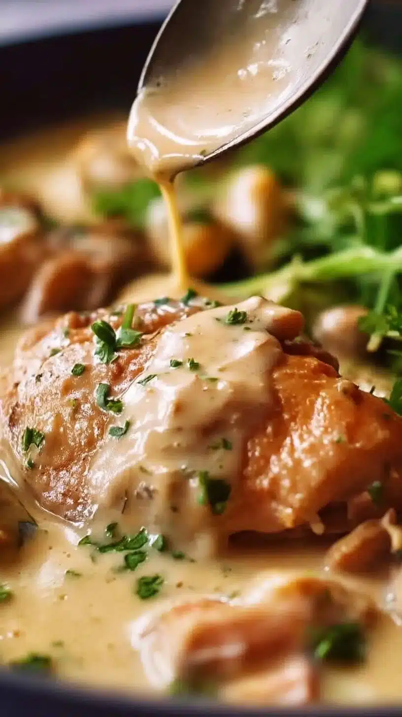 Chicken Fricassée (French Creamy Chicken Stew) 1 Creamy Chicken Fricassée stew served in a bowl with herbs