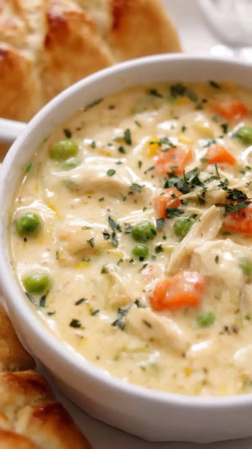 Delicious Chicken Pot Pie Soup served in a bowl with fresh herbs.