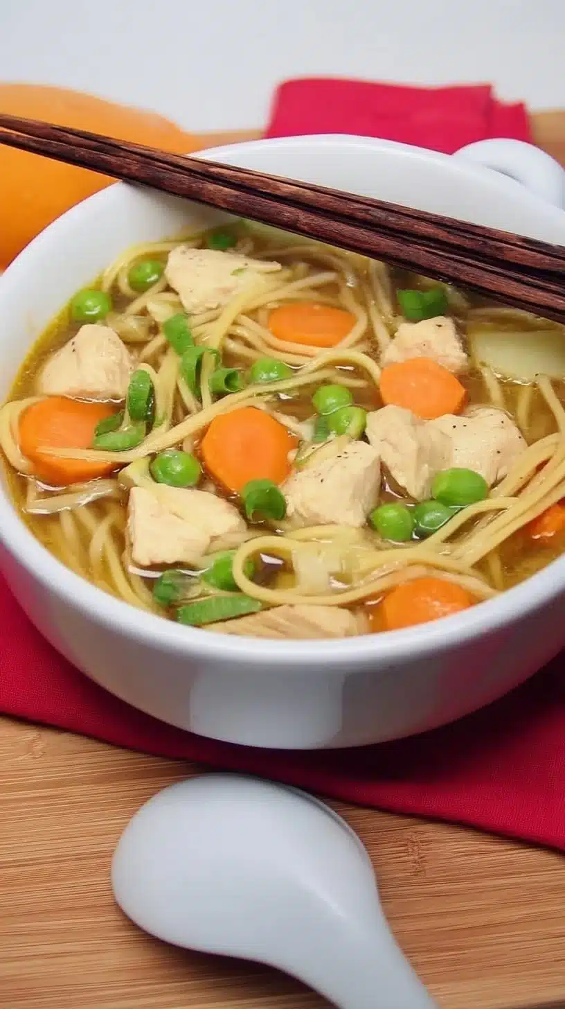 Chicken Soba Noodle Soup Recipe 1 Bowl of Chicken Soba Noodle Soup with fresh vegetables and herbs