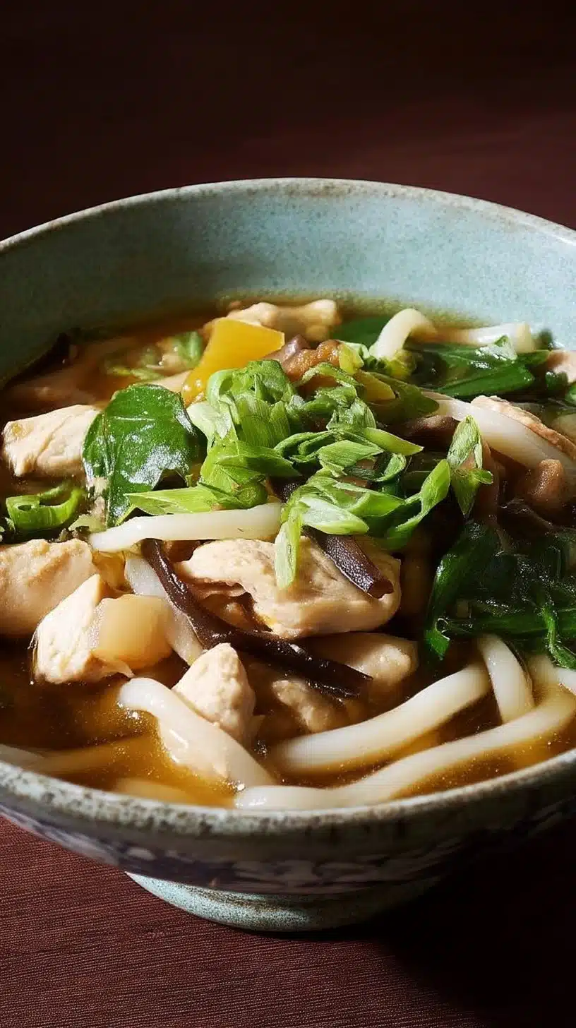 Chicken Udon Noodle Soup 1 Bowl of Chicken Udon Noodle Soup garnished with green onions and red pepper flakes