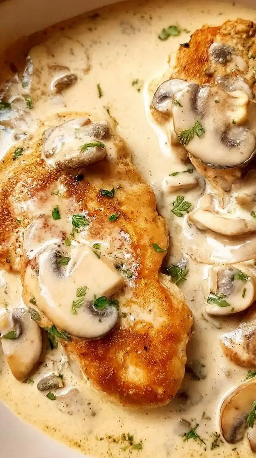 Chicken with Creamy Mushroom Sauce 1 Delicious chicken with creamy mushroom sauce served on a plate
