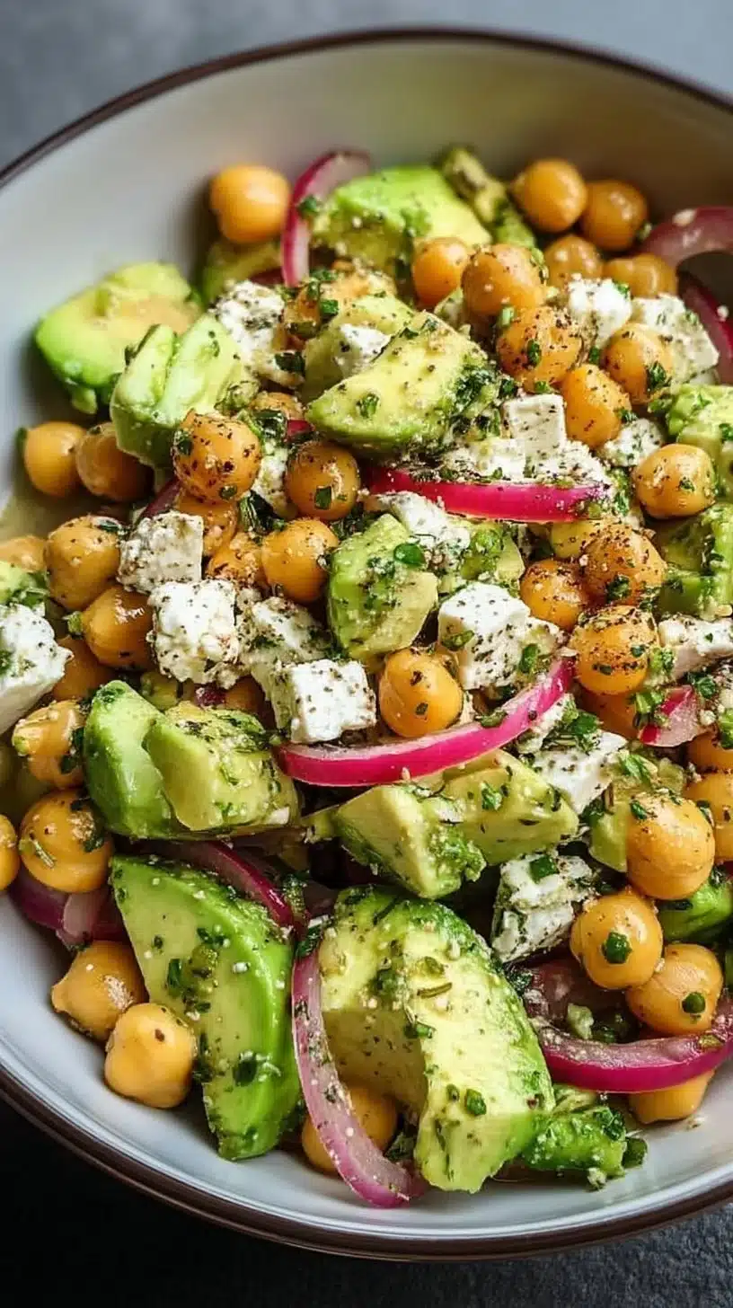 Chickpea Feta Avocado Salad 1 Chickpea feta avocado salad in a vibrant bowl, showcasing fresh ingredients.