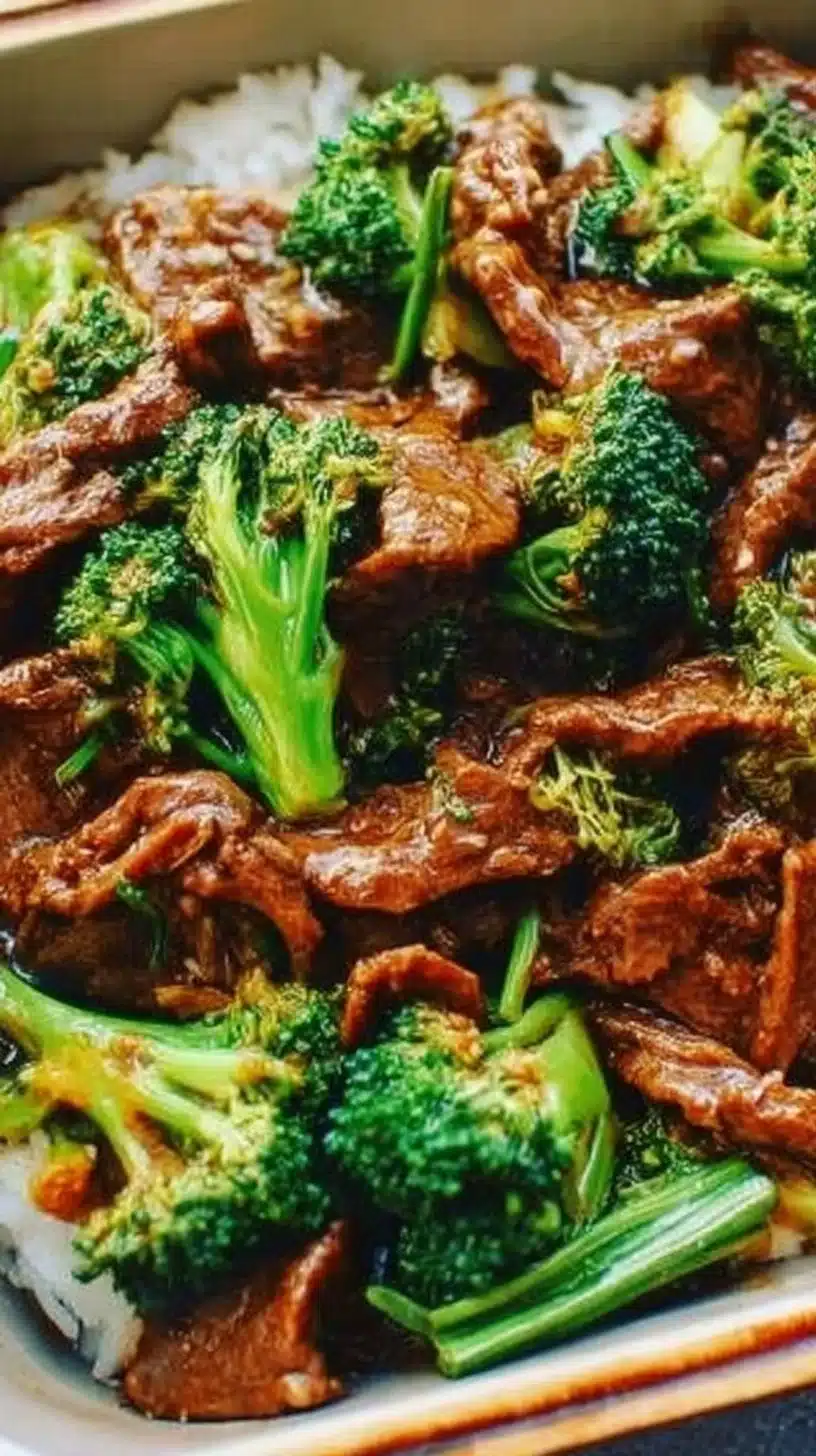 Chinese Beef and Broccoli 1 Chinese Beef and Broccoli served in a bowl with rice and vegetables.