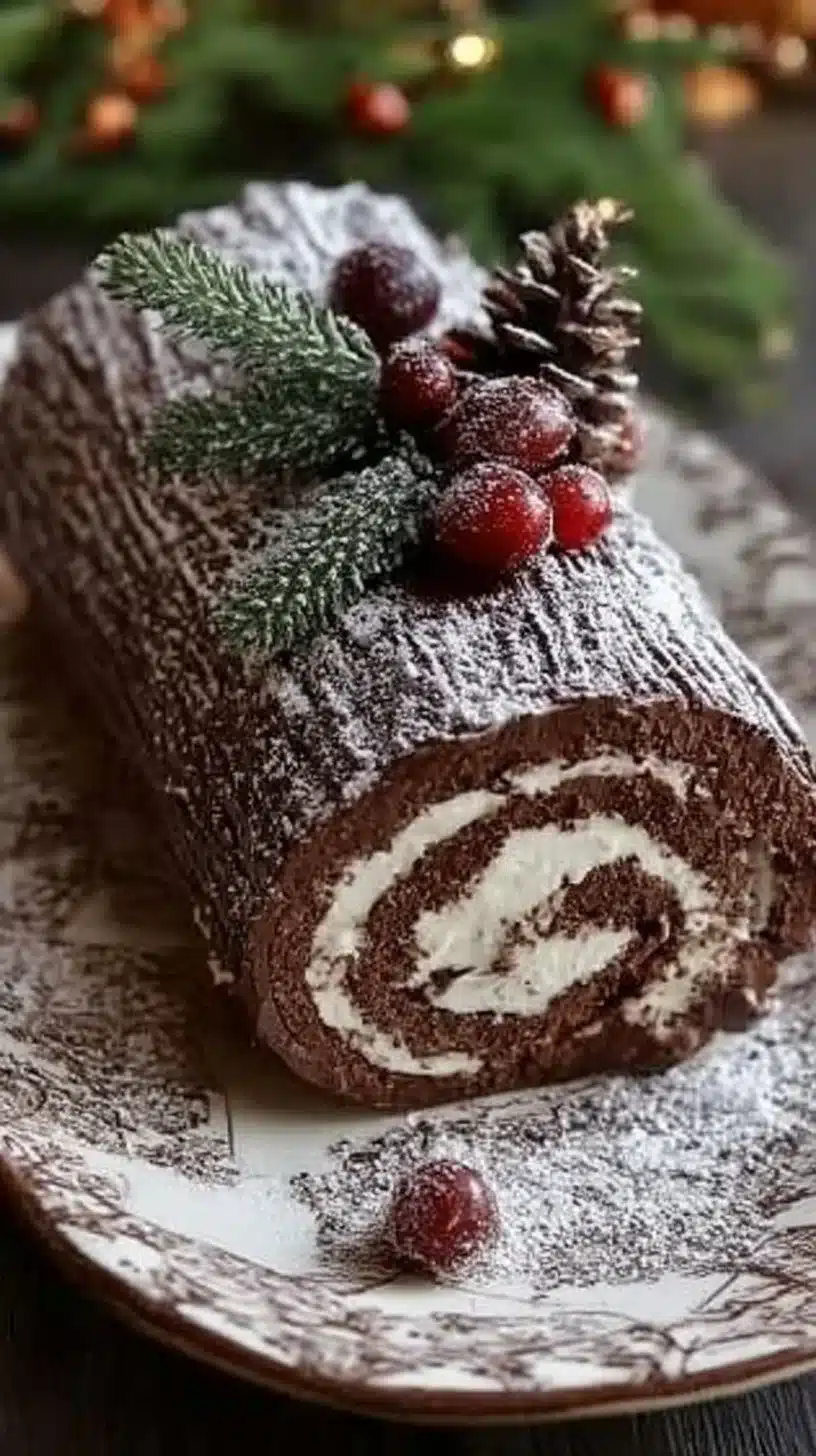 Decadent Chocolate Yule Log dessert decorated for the holidays